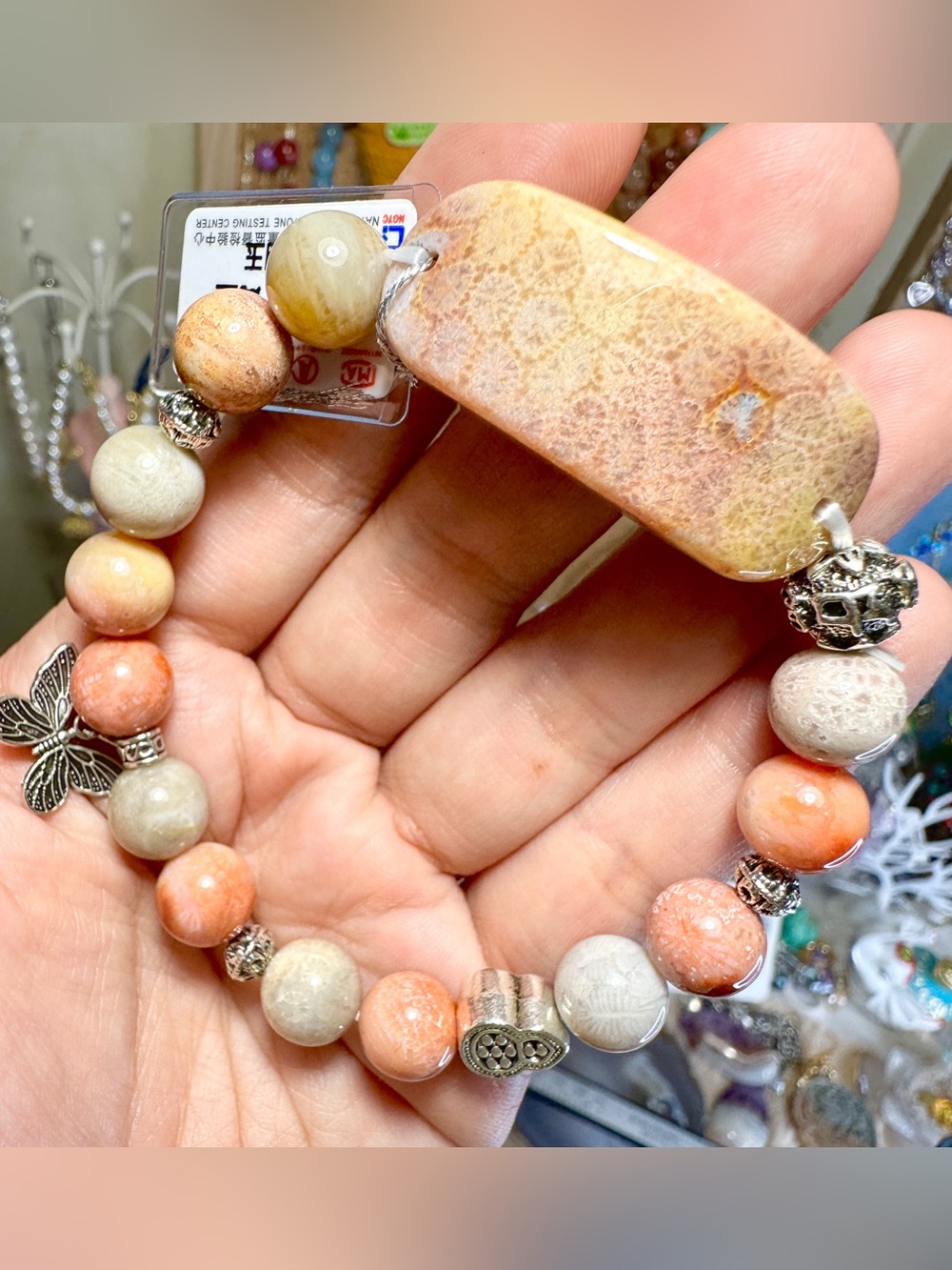 70 inch Peach Fossil Coral Jade Beaded Stretch Bracelet 9.6 mm
